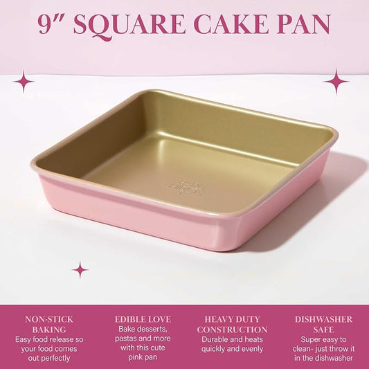 Paris Hilton Nonstick Carbon Steel Bakeware Collection, 9-Inch Square Cake Pan, Dishwasher Safe, Made without PFOA and PFAS, Pink Champagne Two-Tone