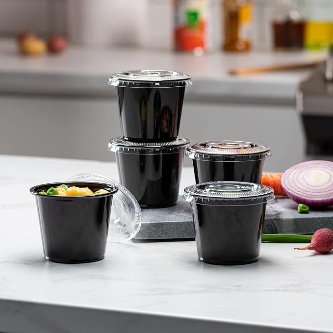 ELEGANT DISPOSABLES (4 oz - 100 Sets) Black Diposable Plastic Portion Cups With Lids, Small Mini Containers For Portion Controll, Jello Shots, Meal Prep, Sauce Cups, Condiments, Medicine, Dressings,