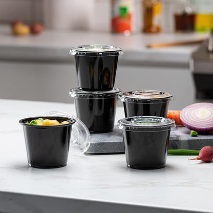 ELEGANT DISPOSABLES (4 oz - 100 Sets) Black Diposable Plastic Portion Cups With Lids, Small Mini Containers For Portion Controll, Jello Shots, Meal Prep, Sauce Cups, Condiments, Medicine, Dressings,