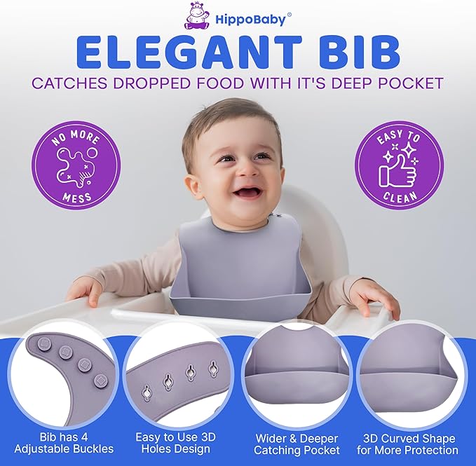 HippoBaby Baby Led Weaning Supplies | 10 Piece Silicone Feeding Set | Baby Toddler Bib Cup Divided Plate and Bowl Self Feeding Spoons Dish Set | Baby Utensils | Toddler Feeding Supplies (Lavender)