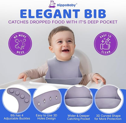 HippoBaby Baby Led Weaning Supplies | 10 Piece Silicone Feeding Set | Baby Toddler Bib Cup Divided Plate and Bowl Self Feeding Spoons Dish Set | Baby Utensils | Toddler Feeding Supplies (Lavender)