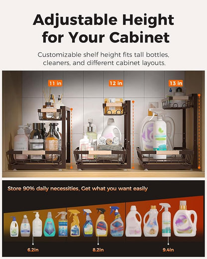 Sevenblue 3 Pack Under Sink Organizer, Height Adjustable 2 Tier Pull-Out Metal Under Kitchen Sink Organizer, Multi-Purpose Storage Shelves for Kitchen Bathroom Cabinet, Brown