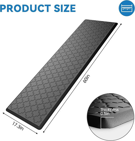 Kitchen Mat Cushioned Anti Fatigue for Floor, Non-Slip Waterproof Comfort Rug for Kitchen Sink, Standing Desk & Laundry, 17.3"x60", Black
