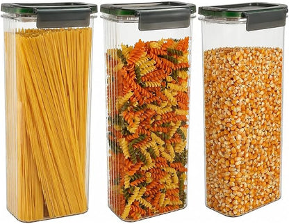 Plastic Pasta Containers, Spaghetti Container Storage, 74oz Set of 3 with Easy-Seal Lid, Pasta Storage Containers, Airtight Square Food Storage Jars for Spaghetti, Pasta, Flour, Oats, Cereal.