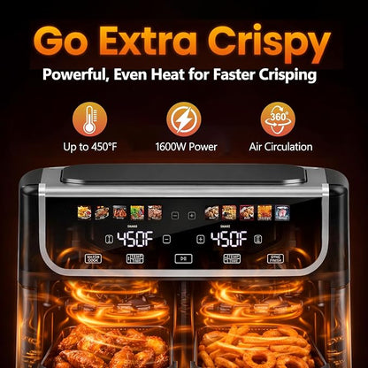 Simple Deluxe 9.5-Qt Dual Basket Air Fryer, 10-in-1 Digital Preset 1700W Airfryer, Sync Cook, Independent Temp Control, Shake Reminder, Nonstick Basket, Black