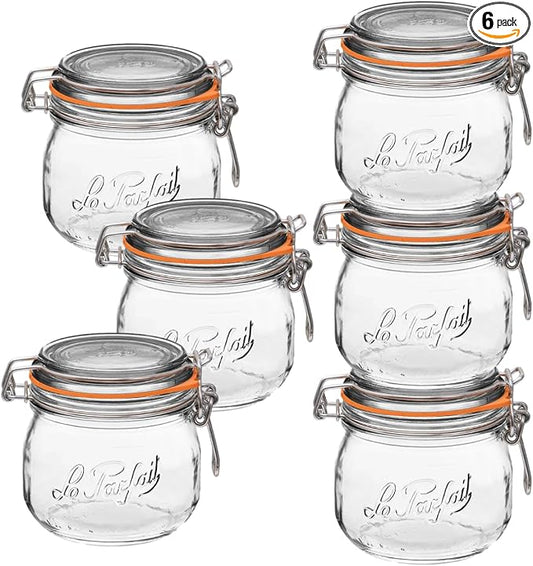 Le Parfait Super Jar 500mL (16oz) French Glass Preserving Jar w/Airtight Rubber Seal & Wire Bail Closure - BPA-Free Canning Jar for Pickles, Fruit, Sauce & Food Storage - Made in France Since 1930 6PK