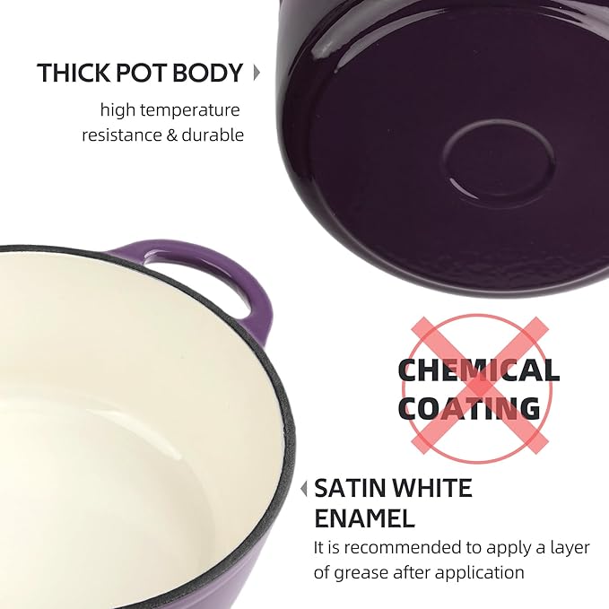 3 Quart Dutch Oven Enameled Cast Iron with Lid - Big Dual Handles - Oven Safe up to 500°F - Classic Round Pot for Versatile Cooking Purple