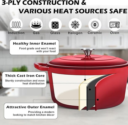 TeamFar Enameled Cast Iron Dutch Oven, 7qt Dutch Oven Pot Nonstick Cookware with Lid & Dual Handles for Bread Baking, Cooking, Oven Safe up to 500℉ & Various Stovetops, Healthy & Heavy Duty - Red