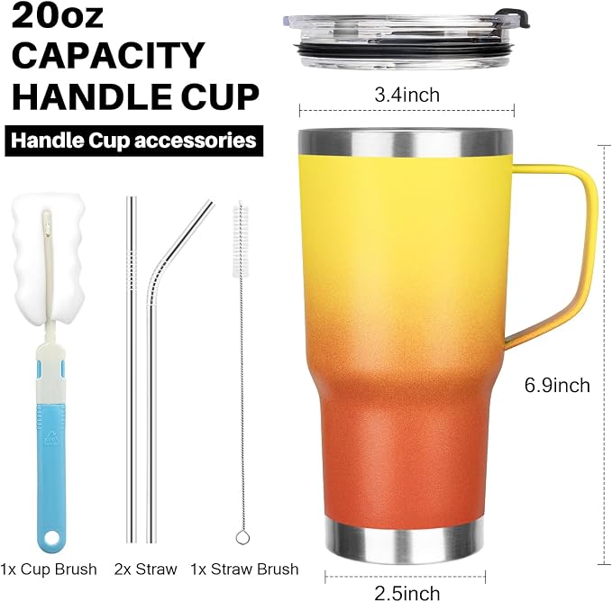 20 oz Tumbler with Handle, Stainless Steel Insulated Tumbler with Lid and Straw, Double Wall Vacuum Coffee Mug Tumbler, Insulated Coffee Thermal Cup for Cold and Hot (Yellow Orange, 20 Ounces)