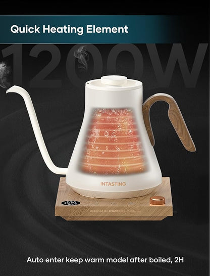 INTASTING Electric Kettle, Gooseneck Electric Kettle, ±1℉ Precise Temperature Control, Stainless Steel Interior, Quick Heating for Pour Over Coffee, Tea & Boiling Water, 0.9L (Cream White)