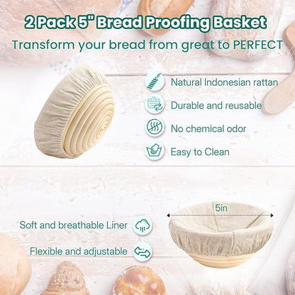 YONILL Mini Double Dutch Oven for Sourdough Bread Baking - Enameled Cast Iron Dutch Oven Pot with Lid and 5" Banneton Bread Proofing Basket Kit, Dual Round Bread Loaf Pan for Homemade Baking