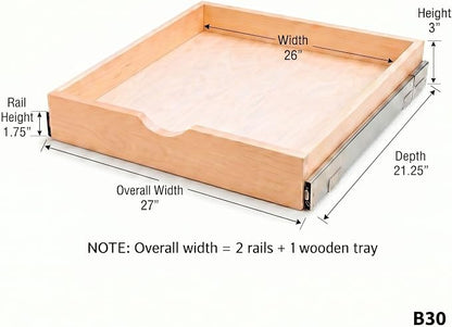 Couver Pull Out Drawers For Cabinets, Soft Close Slide Out Wood Shelves Storage Organizer for Kitchen, Finished, Heavy-Duty, Bottom/Side Mount, 27"W x 21"D x 3"H
