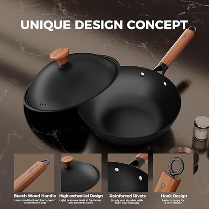 Sanho 12.6 Inch Carbon Steel Wok Pan, 5QT Woks & Stir-Fry Pans Nonstick with Lid, No Seasoning Required & 0 Coating, Compatible with All Cooktops & Utensils for Stir Fry, Pan-Fry, Steam, Camping