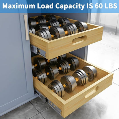 2 Set Pull Out Cabinet Organizer, Soft Close Slide Out Wood Drawer Storage Shelves for Kitchen, Base Cabinet Organization for Pantry, Finished, Heavy-Duty, Bottom Assembly (33” W x 21” D)