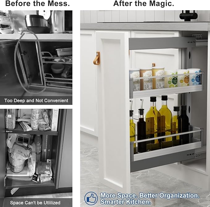 VADANIA Naro Pull Out Cabinet Organizer with Glass Side Panels, 2-Tier Spice Rack for 10" Base Cabinets, Soft Close Full-Extension Slides, Reversible Left or Right Side Mount