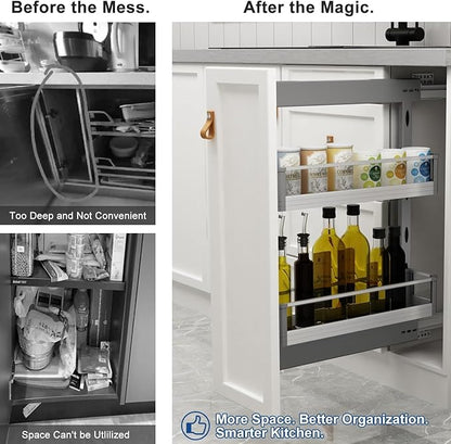 VADANIA Naro Pull Out Cabinet Organizer with Glass Side Panels, 2-Tier Spice Rack for 10" Base Cabinets, Soft Close Full-Extension Slides, Reversible Left or Right Side Mount