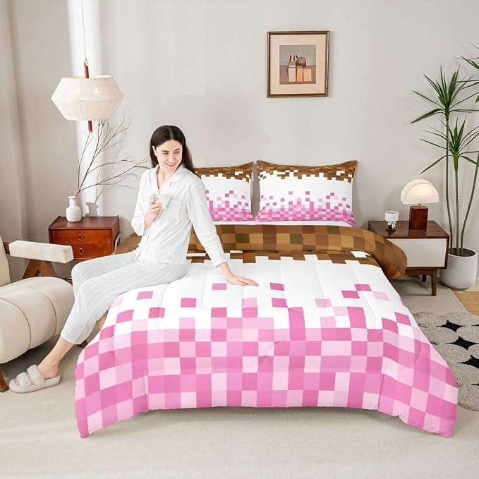 Manfei Pixelated Theme Kids Comforter Toddler Size,Geometric Grid Quilt Set for Kids Boys Girls Bedroom Decor,Video Games Gamepad Bedding Set,Pink White Brown Duvet Insert,1 Pillowcase
