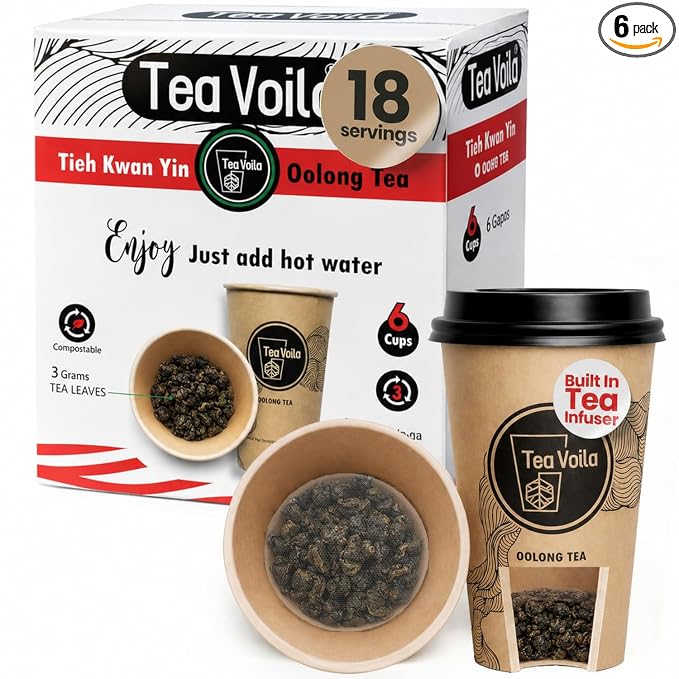 TeaVoila Instant Brew Tea in A Cup - Organic Loose Leaf Oolong Tea – Tea Infuser Built In Biocompostable 6 Cups, Each Refillable 3x, 18 Servings in Total – No Tea Bags Needed, For Office & Travel