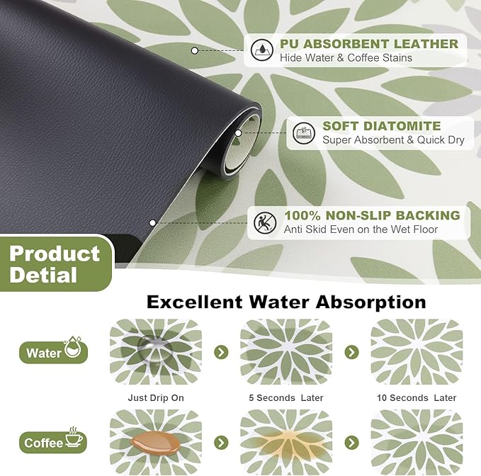 Findosom Floral Dish Drying Mat, 17" x 32" Super Absorbent & Hide Stain Coffee Mat, Cuttable Drying Mat for Kitchen Counter, Under Dish Rack, Coffee Maker, Espresso Machine, Sage Green