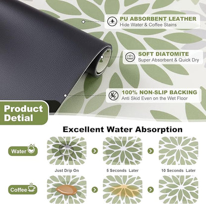 Findosom Floral Dish Drying Mat, 16" x 18" Super Absorbent & Hide Stain Coffee Mat, Cuttable Drying Mat for Kitchen Counter, Under Dish Rack, Coffee Maker, Espresso Machine, Sage Green