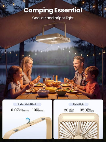 Warmco 20000mAh Battery Powered Fan, 8-Inch Ultra-Slim Portable Camping Fan with LED Lantern, Up to 48H Runtime Rechargeable Desk Fan for Bedroom, Outdoor, Tent, Travel, Cruise Ship Essentials