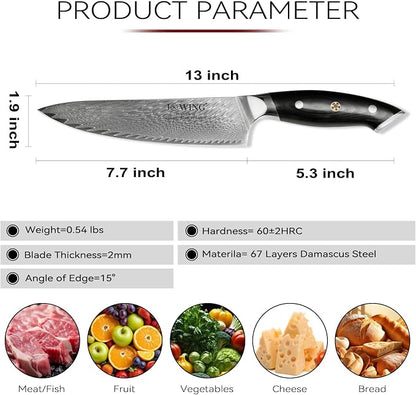 8 Inch Chef Knife, Japanese-Style VG10 Damascus Kitchen Knife, 67-Layer Forged Blade with Black Wood Handle, Razor Sharp Cooking Knife for Meat, Vegetables & Fruit
