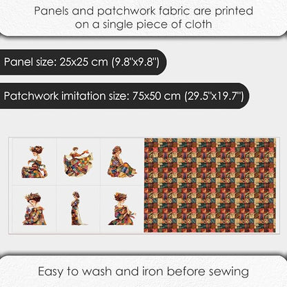Elegant Lady Patchwork Cotton Fabric Panel – 6 Designs (10×10 inch Each) + Bonus Patchwork Sheet 29.5×19.6 inch, 100% Cotton 140 GSM