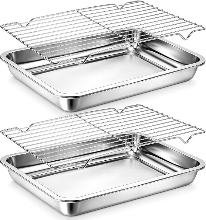 Quarter Baking Sheet Pan with Cooling Rack Set (2 Pans + 2 Racks), Stainless Steel Cookie Sheets Quarter Sheet Pan for Oven Baking, Warp Resistant & Nonstick, Size 14 x 10 x 1.8 Inch