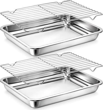 Quarter Baking Sheet Pan with Cooling Rack Set (2 Pans + 2 Racks), Stainless Steel Cookie Sheets Quarter Sheet Pan for Oven Baking, Warp Resistant & Nonstick, Size 14 x 10 x 1.8 Inch