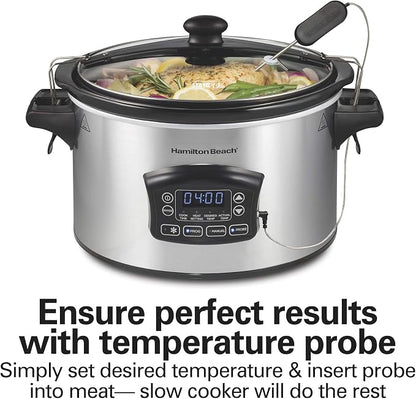 Hamilton Beach Portable 6 Quart Set & Forget Digital Programmable Slow Cooker with Lid Lock, Temperature Probe & Defrost Setting, Dishwasher Safe Crock & Lid, Silver (33869)
