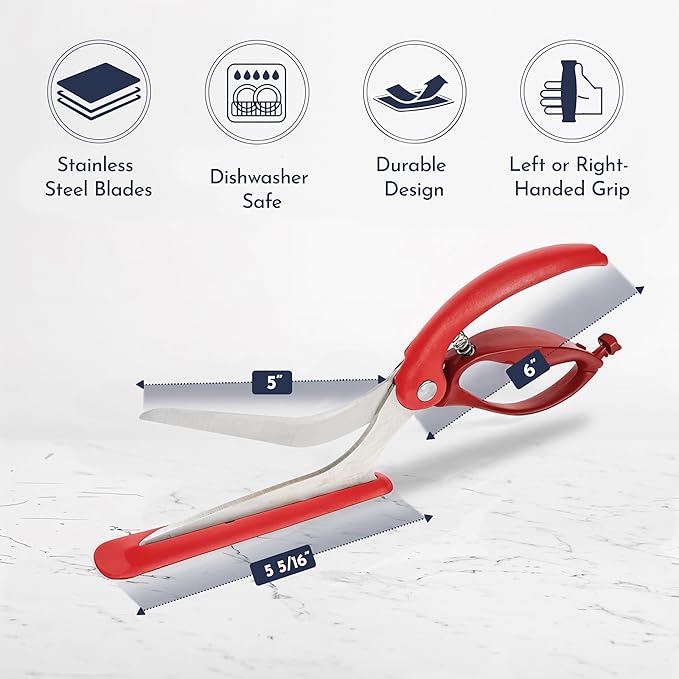 Red Pizza Scissors - Non-Stick Pizza Scissors with Firm Grip Base - Food Grade Stainless Steel Pizza Cutter - 5-in-1 Food Slicer & Pizza Server - Durable, Safe & Mess Free
