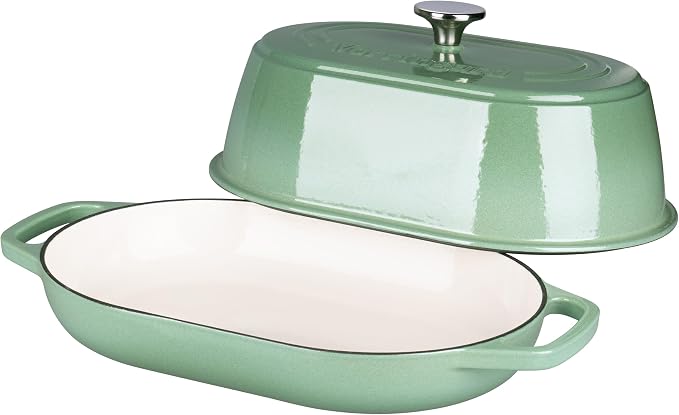 VORRINGARD Enameled Cast Iron Dutch Oven Pot with Dome Lid, Oval Bread Oven for Homemade Sourdough Bread Baking, Oven Safe up to 500°F, 6 Quart, Sage Green