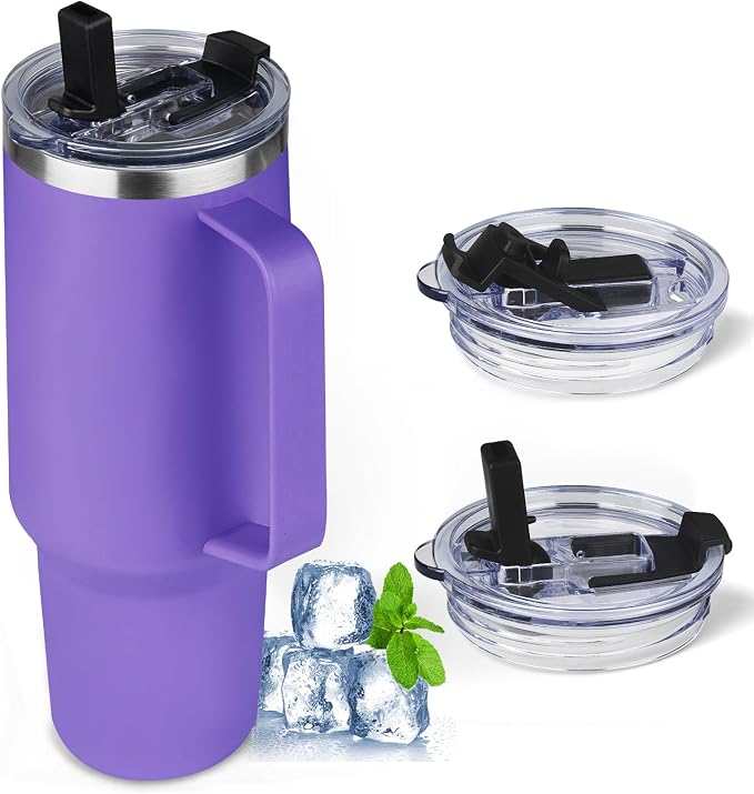 40 oz Tumbler with Handle and Flip Straw, 100% Leakproof Insulated Tumbler with Lid and Straw, Stainless Steel Travel Coffee Mug, Insulated Coffee Thermal Cup for Cold and Hot (Purple)