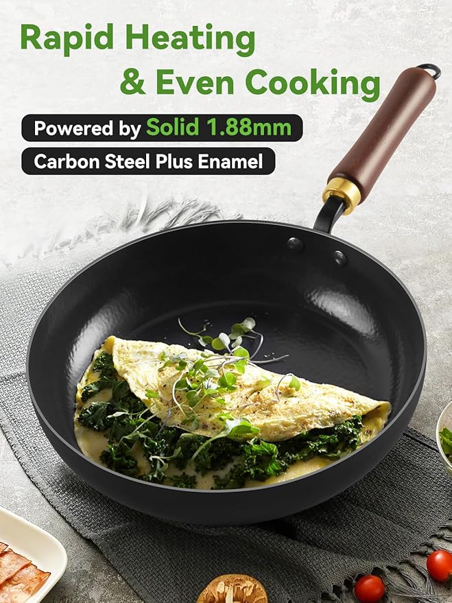 Carbon Steel Skillet, 11-Inch Nonstick Frying Pan, Season-Free Enameled Carbon Steel Pan,Stay-Cool Wooden Handle, Non Toxic, PTFE & PFOA Free Oven-Safe
