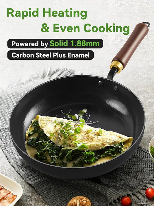 Carbon Steel Skillet, 11-Inch Nonstick Frying Pan, Season-Free Enameled Carbon Steel Pan,Stay-Cool Wooden Handle, Non Toxic, PTFE & PFOA Free Oven-Safe