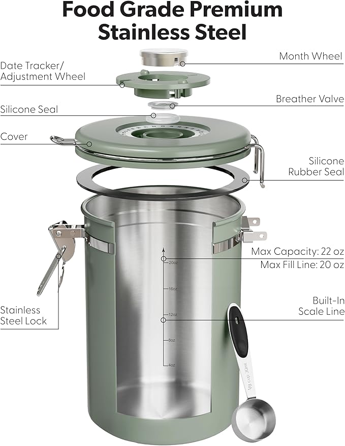 Veken Coffee Canister with Window, Airtight Stainless Steel Kitchen Food Storage Container with Lids, Date Tracker and Scoop for Ground, Beans, Tea, Flour, Cereal, Sugar Jars, 22OZ, Green