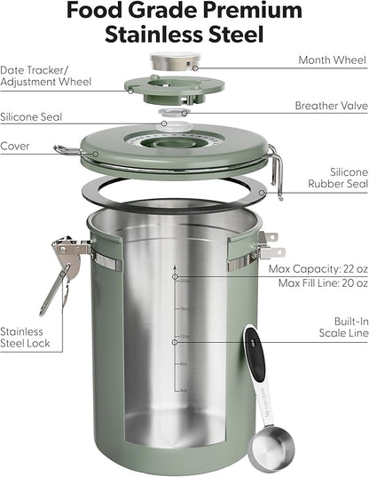 Veken Coffee Canister with Window, Airtight Stainless Steel Kitchen Food Storage Container with Lids, Date Tracker and Scoop for Ground, Beans, Tea, Flour, Cereal, Sugar Jars, 22OZ, Green