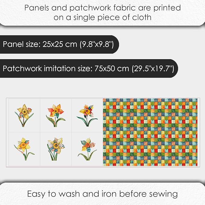 Daffodil Patchwork Cotton Fabric Panel – 6 Designs (10×10 inch Each) + Bonus Patchwork Sheet 29.5×19.6 inch, 100% Cotton 140 GSM