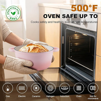 Enameled Cast Iron Dutch Oven - 5.5QT Pot with Lid,Oven Safe to 500°F,Heavy-Duty Cookware for Sourdough Bread Baking,Braising,Stews,Roasting Pink