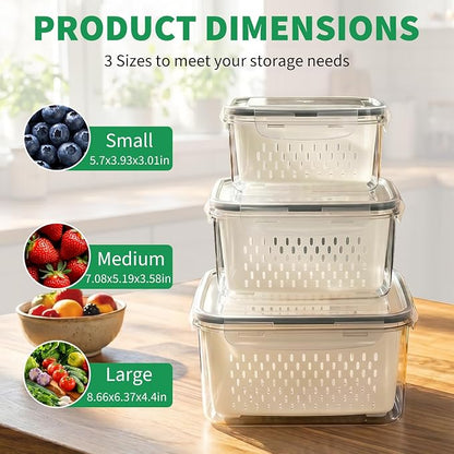 Vegetable Containers for Fridge, Stay Fresh Fruit Vegetable Storage Containers with Lid and Removable Colander, Stackable Vegetable Storage for Berry Salad Lettuce Vegetables Meat Various Food, 3PCS