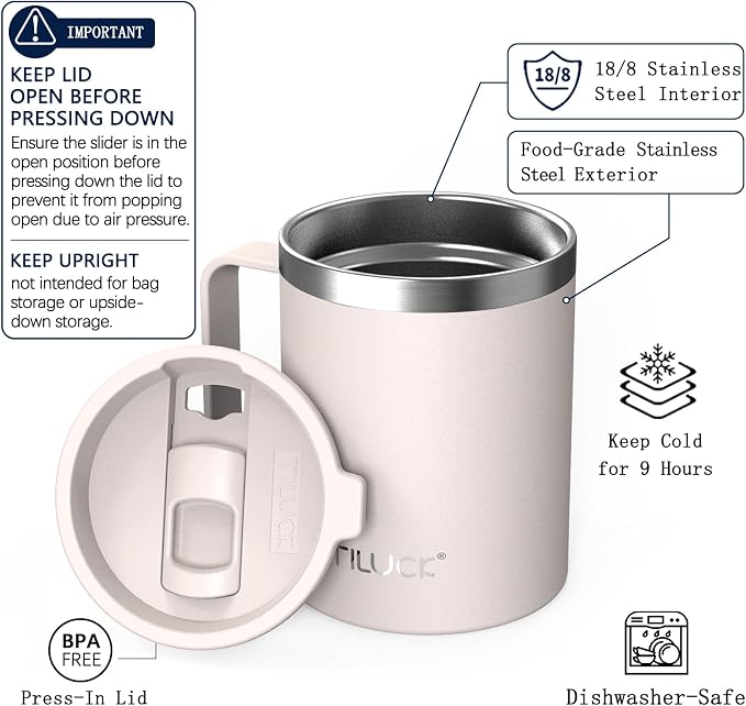 TILUCK 12 oz Insulated Coffee Mug with Lid, Double Wall Vacuum Insulated Travel Mug Cup with Handle for Hot or Cold Drinks（12oz，Matte SakuraPink）