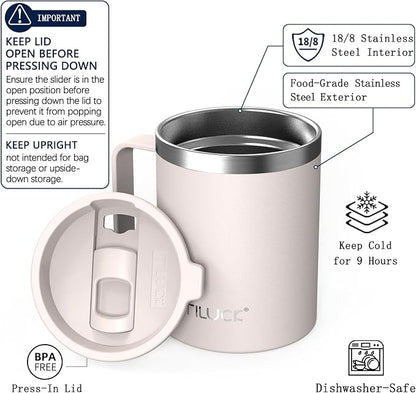 TILUCK 12 oz Insulated Coffee Mug with Lid, Double Wall Vacuum Insulated Travel Mug Cup with Handle for Hot or Cold Drinks（12oz，Matte SakuraPink）