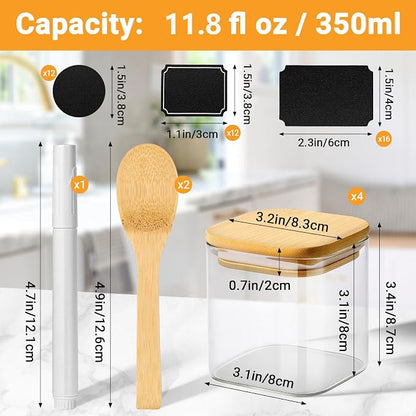 Square Glass Jars with Bamboo Lids, 12 Fl.oz Glass Storage Jars with Airtight Lids Set of 4, Clear Pantry Canister for Spice, Sugar, Coffee Bean, Tea, Oats - Included Labels, Marker and Spoon
