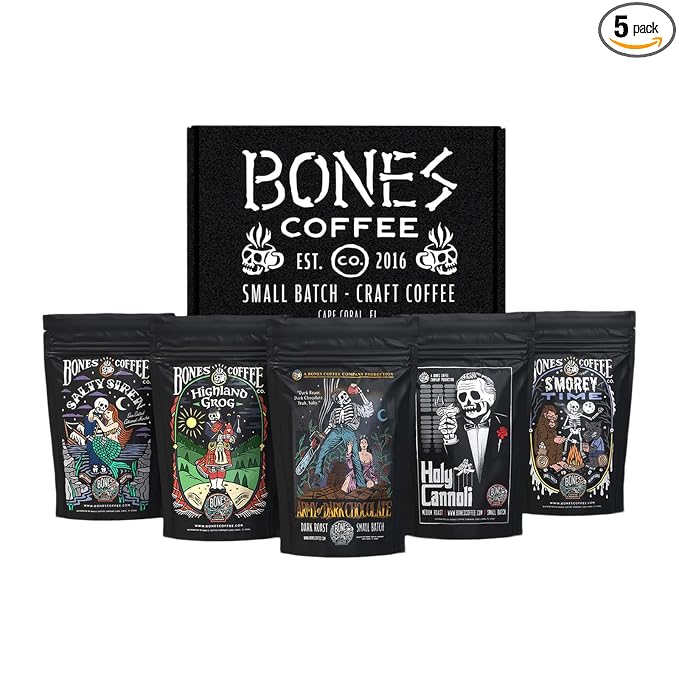 Bones Coffee Company NEW Favorite Flavors Sample Pack, Assorted Flavored Coffee Low Acid Medium Roast Arabica Beans Specialty Coffee Gifts, Auto Drip and French Press Compatible, 4 oz Pack of 5 Ground