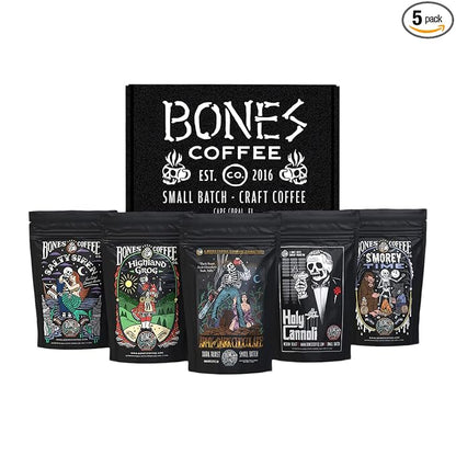 Bones Coffee Company NEW Favorite Flavors Sample Pack, Assorted Flavored Coffee Low Acid Medium Roast Arabica Beans Specialty Coffee Gifts, Auto Drip and French Press Compatible, 4 oz Pack of 5 Ground
