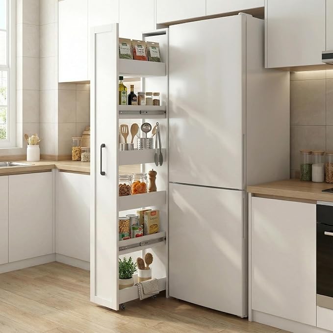 Slim Rolling Storage Cart, Pull Out Spice Rack, 6-Tier Rolling Pantry for Kitchen Fridge Gap & Laundry Room, Space-Saving Slide Out Utility Cabinet (White, with Side Panel)