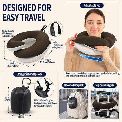 BUYUE Travel Neck Pillows for Airplanes, Memory Foam 360° Head Support Sleep for Long Flight, Skin-Friendly & Breathable, Kit with Eye Mask, Earplugs and Storage Bag (Adult, Brown, 90+ lbs)