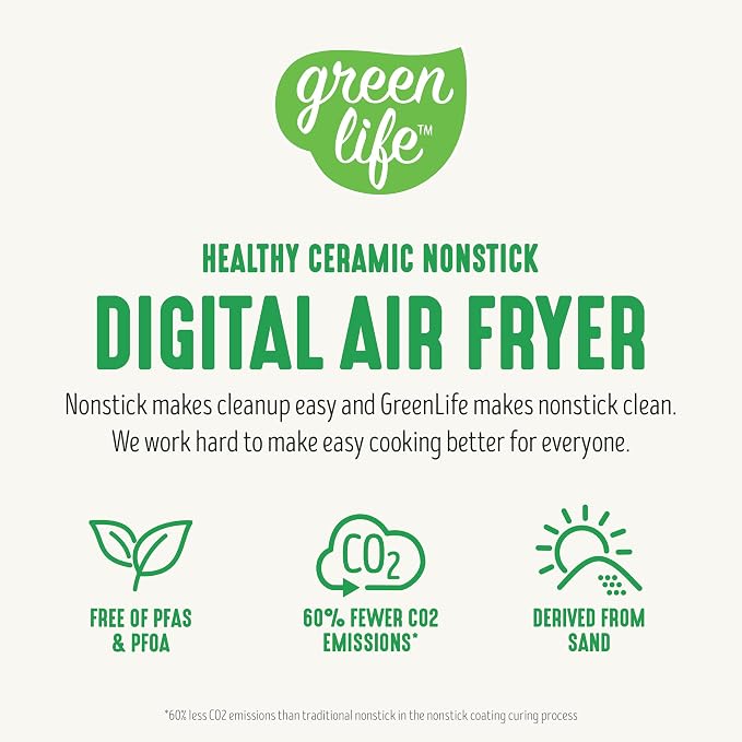 GreenLife Compact Electric Air Fryer Oven, 5.3 QT, PFAS-Free Ceramic Nonstick Drawer, 8 One Touch Digital Display, Easy View Window, Auto Shut-Off Timer, Dishwasher Safe Parts, 1500 Watts, Sage
