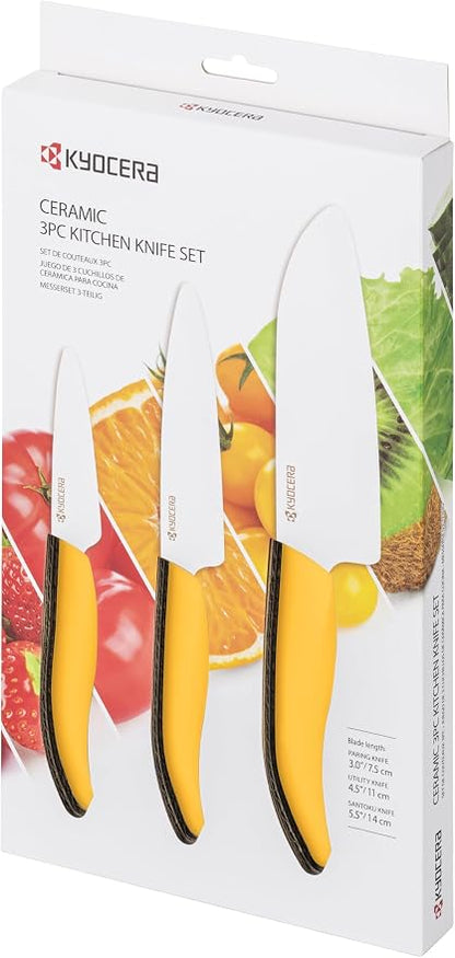Kyocera 3Piece Advanced ceramic Revolution Series Knife Set, Yellow,White