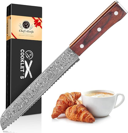 COOKLET'S Bread Knife, Professional VG10 Damascus High Carbon Stainless Steel Bread Cutting Knife, 8 Inch Serrated Cake Knife Bread Cutter, G10 Ergonomic Color Wooden Handle with Gift Box